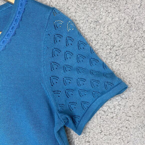 Minimalist Sweater Knit M Cottagecore Dainty Pointelle Blue SS 100% Cotton - Picture 4 of 14